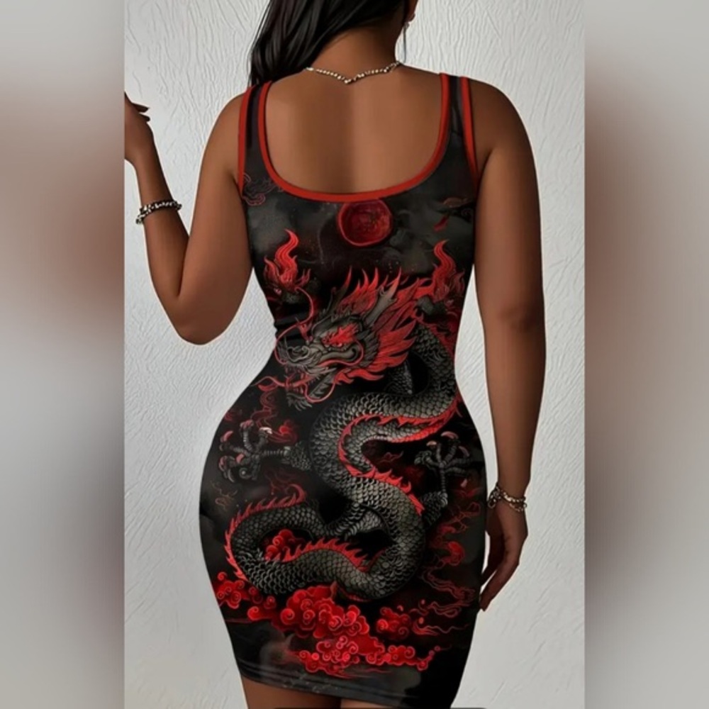 Dragon Print Black and Red Bodycon Dress - Picture 2 of 4